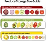 Set of colorful silicone food pods in green, red, yellow, and brown, holding various fruits and vegetables.