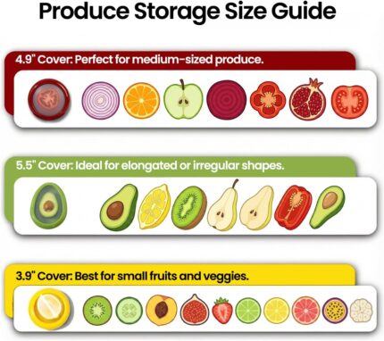 Set of colorful silicone food pods in green, red, yellow, and brown, holding various fruits and vegetables.