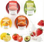 Set of colorful silicone food pods in green, red, yellow, and brown, holding various fruits and vegetables.