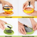 Set of colorful silicone food pods in green, red, yellow, and brown, holding various fruits and vegetables.