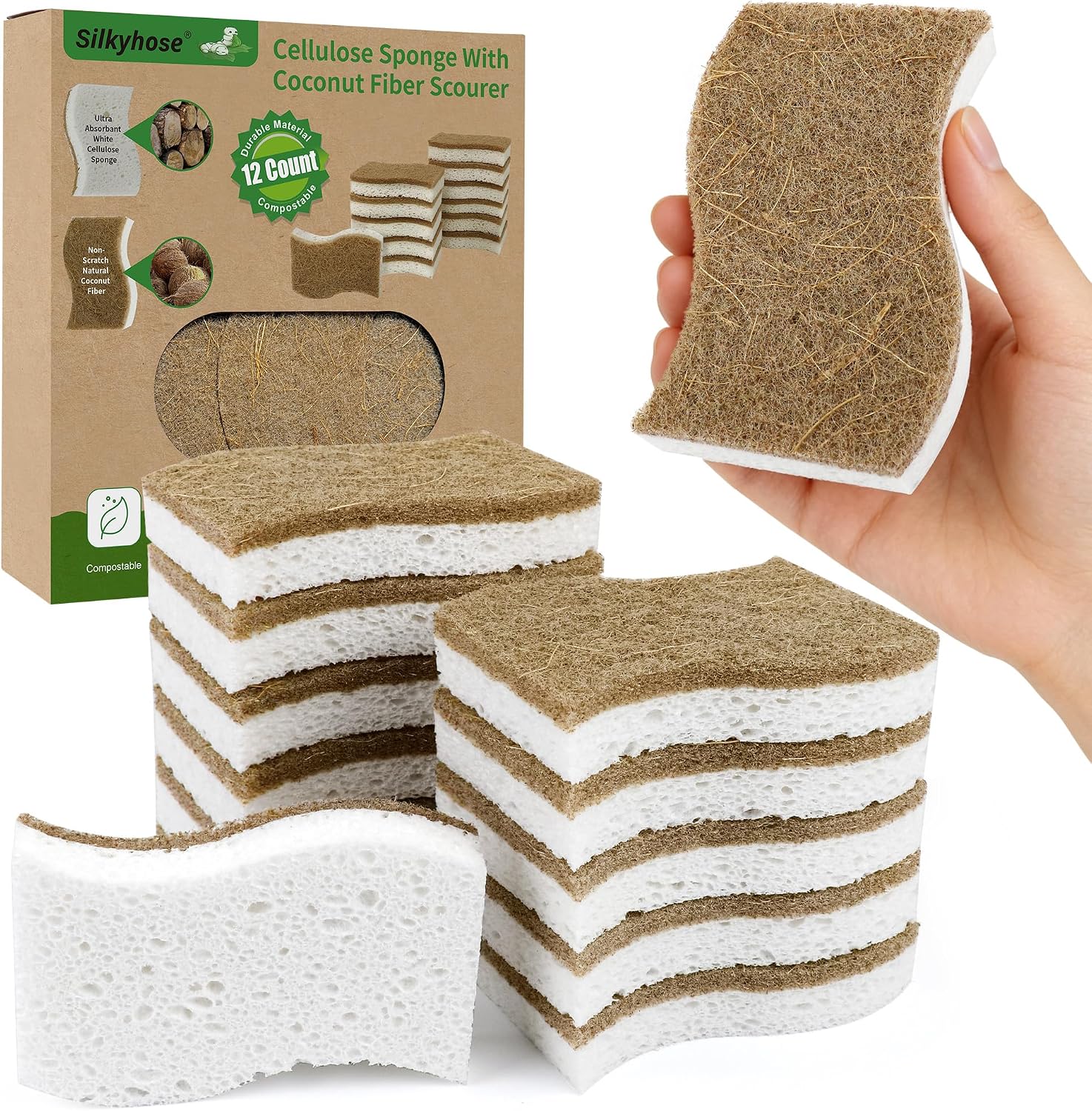 silkyhose-12-pack-natural-cellulose-coconut-kitchen-sponges-01 A dozen white cellulose and coconut fiber kitchen sponges, ergonomically shaped for easy grip, arranged neatly.