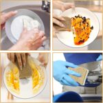 A dozen white cellulose and coconut fiber kitchen sponges, ergonomically shaped for easy grip, arranged neatly.